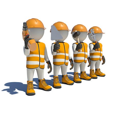Workteam in special clothes, shoes and helmet holding tools. Isolated on white background Stock Photo - Budget Royalty-Free & Subscription, Code: 400-08110645