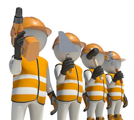 drill and cartoon - Workteam in special clothes and helmet holding tools. Isolated on white background Stock Photo - Budget Royalty-Free & Subscription, Code: 400-08110648