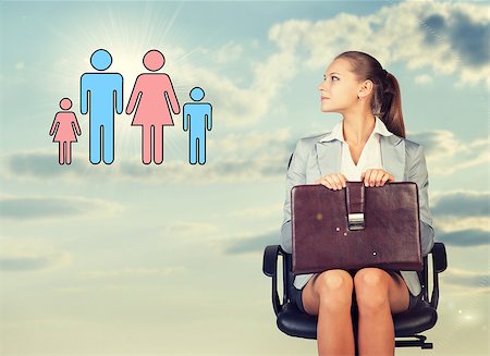 simsearch:400-08158930,k - Business woman in skirt, blouse and jacket, sitting on chair and holding briefcase imagines family. Against background of sky and clouds Stock Photo - Budget Royalty-Free & Subscription, Code: 400-08110664