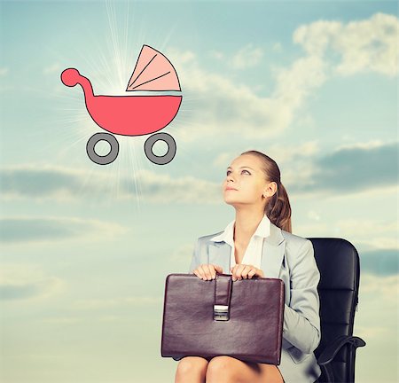 simsearch:400-08158930,k - Business woman in skirt, blouse and jacket, sitting on chair imagines buggy. Against background of sky and clouds Stock Photo - Budget Royalty-Free & Subscription, Code: 400-08110665