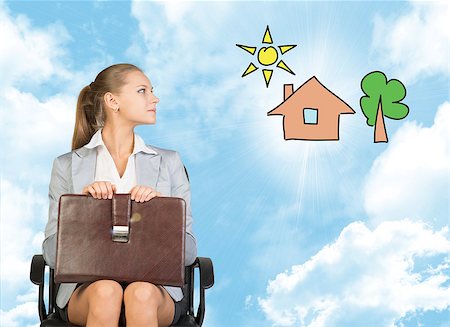 simsearch:400-08158930,k - Business woman in skirt, blouse and jacket, sitting on chair imagines house with tree. Against background of blue sky and clouds Stock Photo - Budget Royalty-Free & Subscription, Code: 400-08110662