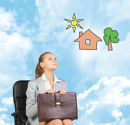 simsearch:400-08158930,k - Business woman in skirt, blouse and jacket, sitting on chair and holding briefcase imagines house with tree. Against background of blue sky and clouds Stock Photo - Budget Royalty-Free & Subscription, Code: 400-08110663