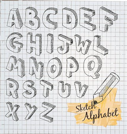 Hand Drawn 3D sketch alphabet with squared vintage background. Stock Photo - Budget Royalty-Free & Subscription, Code: 400-08110864