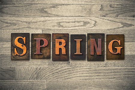 simsearch:400-08152413,k - The word "SPRING" theme written in vintage, ink stained, wooden letterpress type on a wood grained background. Foto de stock - Super Valor sin royalties y Suscripción, Código: 400-08111088