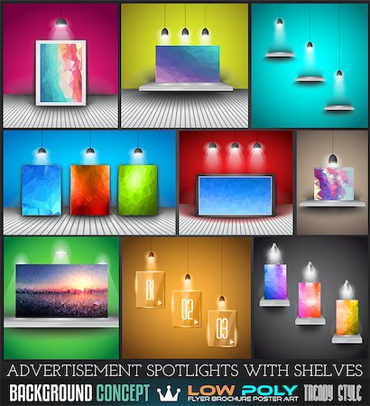 simsearch:400-07627757,k - Collection of spotlights with panels with Low Poly arts for product advertisement, shop simulations, item promotions, packaging show and so on Stock Photo - Budget Royalty-Free & Subscription, Code: 400-08111670