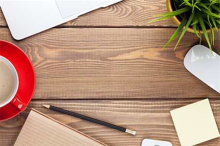 simsearch:400-08287336,k - Office desk table with computer, supplies, coffee cup and flower. Top view with copy space Stock Photo - Budget Royalty-Free & Subscription, Code: 400-08112104