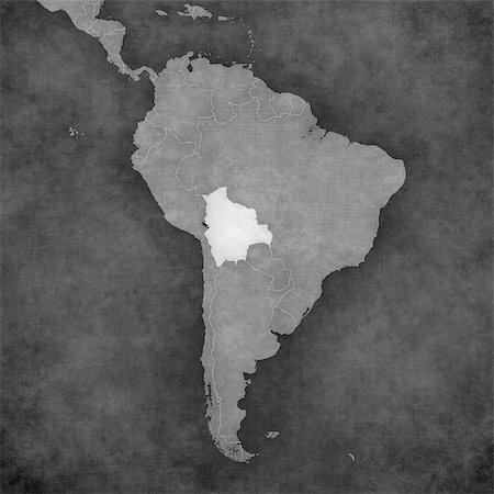 Bolivia on the map of South America. The Map is in vintage black and white style. The map has soft grunge and retro old paper atmosphere. Stock Photo - Budget Royalty-Free & Subscription, Code: 400-08112322