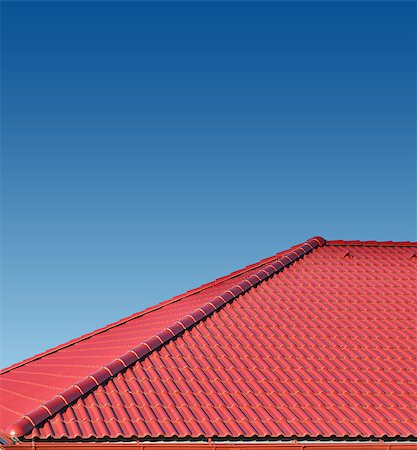 studio023 (artist) - roof with red tiles on a background of blue sky, new roof Foto de stock - Super Valor sin royalties y Suscripción, Código: 400-08112345