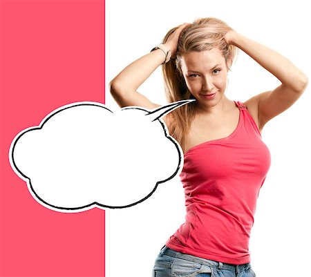 simsearch:400-08133052,k - Woman in blue looking on camera with speech bubble Stock Photo - Budget Royalty-Free & Subscription, Code: 400-08112437