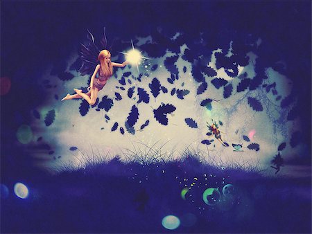 Cute fairy with magic sparkling dust flying at night time. Fotografie stock - Microstock e Abbonamento, Codice: 400-08134271