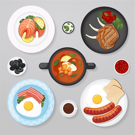 Food business flat lay idea. Food icons top view. Business lunch. Plates with foot on it Foto de stock - Super Valor sin royalties y Suscripción, Código: 400-08134411