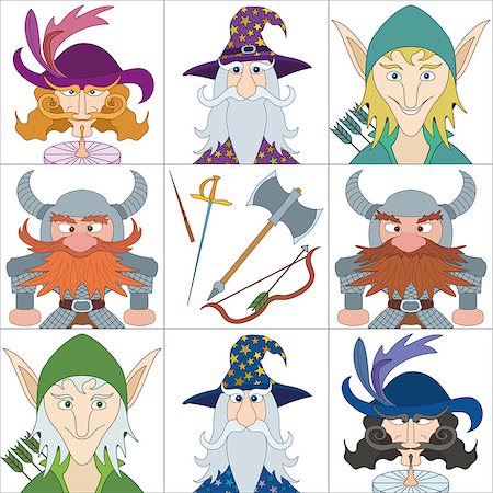 simsearch:400-07101892,k - Avatar faces of fantasy brave heroes: elf, dwarf, wizard and noble cavalier, funny comic cartoon user icons and weapons of heroes, set. Vector Stock Photo - Budget Royalty-Free & Subscription, Code: 400-08134643