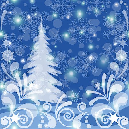 Christmas background for holiday design, winter snowy forest with fir tree, abstract white patterns, snowflakes and stars. Vector eps10, contains transparencies Stock Photo - Budget Royalty-Free & Subscription, Code: 400-08134939