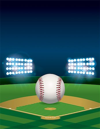 A baseball sitting on a lit baseball stadium field at night. Vertical orientation. Room for copy. Vector EPS 10 available. EPS file contains transparencies and a gradient mesh. Stock Photo - Budget Royalty-Free & Subscription, Code: 400-08134949
