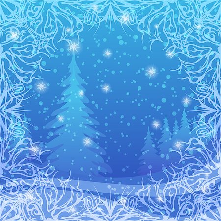 simsearch:400-06412616,k - Christmas background for holiday design, winter snowy forest with fir tree, abstract pattern frame and white stars. Vector eps10, contains transparencies Photographie de stock - Aubaine LD & Abonnement, Code: 400-08134940