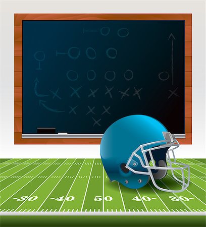 An illustration of an American Football helmet sitting on a football field with a chalkboard drawn with plays. Vector EPS 10 available. EPS file contains transparencies and gradient mesh. Foto de stock - Super Valor sin royalties y Suscripción, Código: 400-08134974