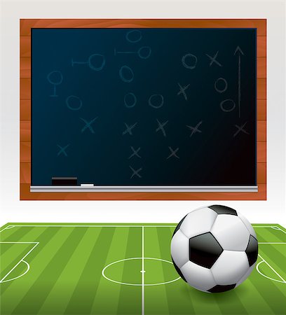 A soccer ball football on a green soccer field with a play drawn on a black chalkboard. Vector EPS 10 available. EPS file contains transparencies and gradient mesh. Fotografie stock - Microstock e Abbonamento, Codice: 400-08134977