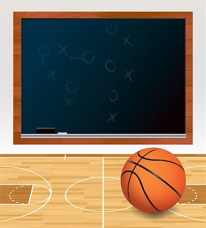 enterlinedesign (artist) - An illustration of a basketball on a hardwood court with plays written on a black chalkboard. Vector EPS 10 available. EPS file contains transparencies and a gradient mesh. Foto de stock - Super Valor sin royalties y Suscripción, Código: 400-08134971