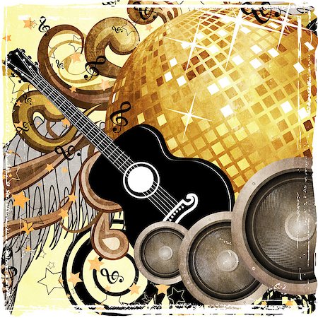 Grunge yellow music background with golden disco ball, speaker and guitar. Stock Photo - Budget Royalty-Free & Subscription, Code: 400-08135354