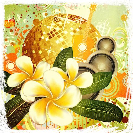 simsearch:400-07505739,k - Grunge tropical background with disco ball, palm trees, white plumeria flowers and guitar. Stock Photo - Budget Royalty-Free & Subscription, Code: 400-08135355