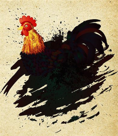 simsearch:400-06525548,k - Colorful rooster illustration with grunge ink splatters on paper background. Foto de stock - Super Valor sin royalties y Suscripción, Código: 400-08135367