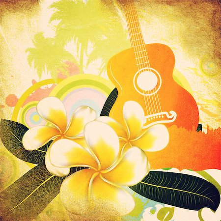 simsearch:400-07505739,k - Abstract grunge tropical background with palm trees, white plumeria flowers and guitar. Stock Photo - Budget Royalty-Free & Subscription, Code: 400-08135369