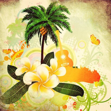 simsearch:400-07505739,k - Abstract grunge tropical background with palm trees, white plumeria flowers and guitar. Stock Photo - Budget Royalty-Free & Subscription, Code: 400-08135370