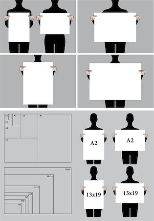people holding poster mock-up, blank picture templates and paper sizes, vector set Stock Photo - Budget Royalty-Free & Subscription, Code: 400-08135393