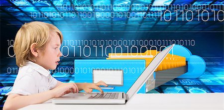 Cute boy using laptop against composite image of cloud computing drawer Stock Photo - Budget Royalty-Free & Subscription, Code: 400-08137192