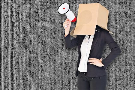 Anonymous businesswoman holding a megaphone against grey background Stock Photo - Budget Royalty-Free & Subscription, Code: 400-08137333