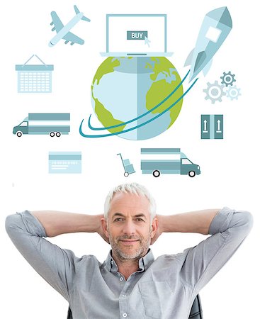 Relaxed mature businessman with hands behind head against logistics graphic Stock Photo - Budget Royalty-Free & Subscription, Code: 400-08137495