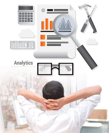 Businessman with hands behind head at desk against business analytics Stock Photo - Budget Royalty-Free & Subscription, Code: 400-08137498