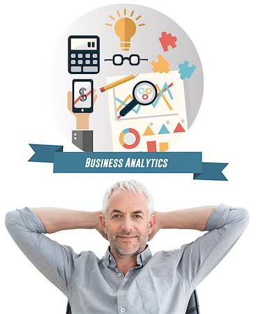 Relaxed mature businessman with hands behind head against business analytics graphic Stock Photo - Budget Royalty-Free & Subscription, Code: 400-08137499