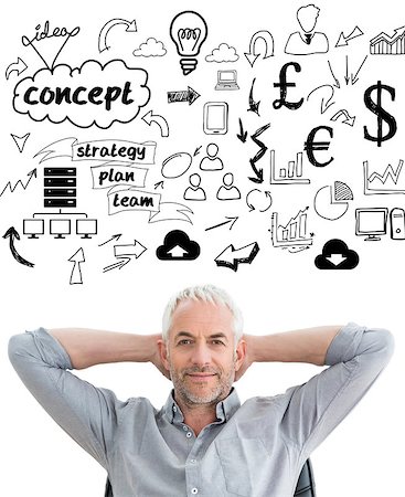 Relaxed mature businessman with hands behind head against brainstorm graphic Stock Photo - Budget Royalty-Free & Subscription, Code: 400-08137507
