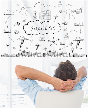 Rear view of a casual man resting with hands behind head in office against success brainstorm Stock Photo - Budget Royalty-Free & Subscription, Code: 400-08137508