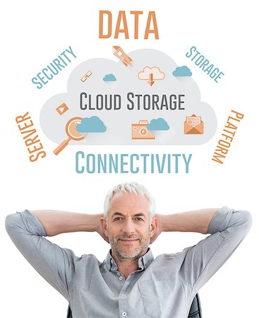 Relaxed mature businessman with hands behind head against cloud computing Stock Photo - Budget Royalty-Free & Subscription, Code: 400-08137503