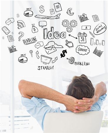 Rear view of a casual man resting with hands behind head in office against brainstorm Stock Photo - Budget Royalty-Free & Subscription, Code: 400-08137510
