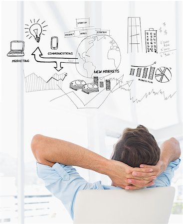 Rear view of a casual man resting with hands behind head in office against brainstorm graphic Stock Photo - Budget Royalty-Free & Subscription, Code: 400-08137512