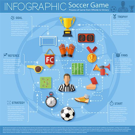Football Infographics with Flat style icons such as soccer ball, referee, trophy, red card. Can be used for flyer, poster and printing advertising. Vector Illustration. Photographie de stock - Aubaine LD & Abonnement, Code: 400-08138091