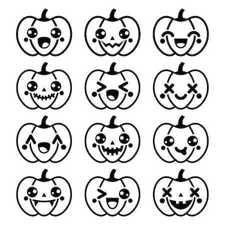 Celebrating Halloween - pumpkin with cute or scary faces icons set isolated on white Stock Photo - Budget Royalty-Free & Subscription, Code: 400-08138274