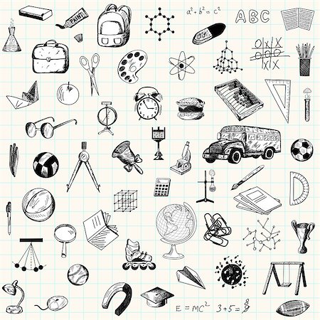 simsearch:400-04407958,k - Set of doodle education icons on checkered paper sheet Stock Photo - Budget Royalty-Free & Subscription, Code: 400-08138312