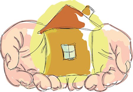 Drawn hands holding small house. Vector illustration Stock Photo - Budget Royalty-Free & Subscription, Code: 400-08138500