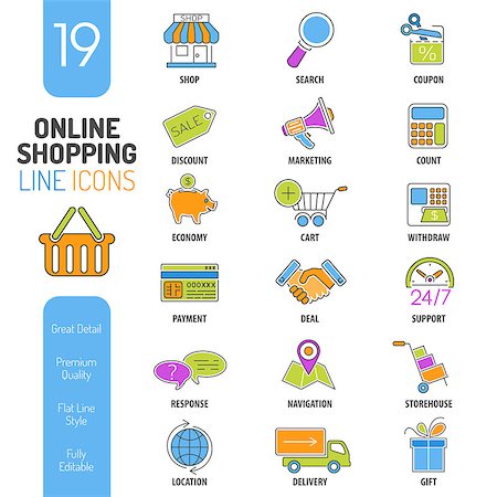 simsearch:400-08133385,k - Online Shopping Thin Lines Color Web Icon Set for Flyer, Poster, Web Site Like Shop, Delivery, Marketing, Support, Cart, Sale Fotografie stock - Microstock e Abbonamento, Codice: 400-08138737