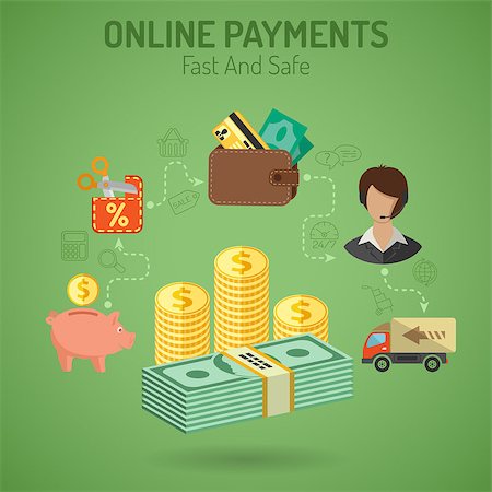simsearch:400-08696973,k - Vector illustration in style Flat and Line different icons on theme of Online Payments, delivery of goods, such as Money, Sale, Support, Piggy Bank, cash signs and symbols Photographie de stock - Aubaine LD & Abonnement, Code: 400-08138738