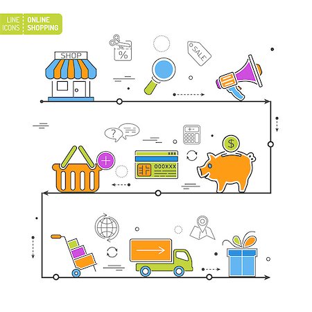 simsearch:400-08133411,k - Online Shopping Thin Lines Color Web Icon Set for Flyer, Poster, Web Site Like Shop, Delivery, Marketing, Support, Cart, Sale Foto de stock - Royalty-Free Super Valor e Assinatura, Número: 400-08138739