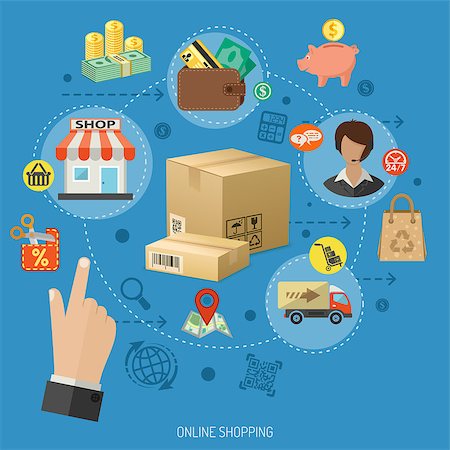 simsearch:400-08133385,k - Vector illustration in Realistic and flat style icons on theme of retail sales, marketing, online shopping, delivery of goods, such as money, shop, support, piggy bank, cash discounts Fotografie stock - Microstock e Abbonamento, Codice: 400-08138746