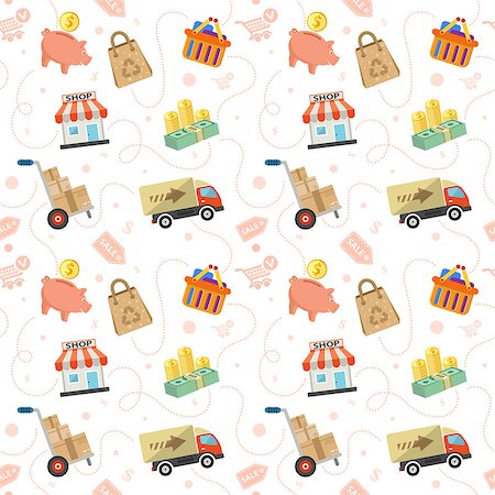 simsearch:400-08133409,k - Internet Shopping, Delivery and Cargo Detailed Seamless Pattern with Flat Icon for e-commerce such as money, truck, cart symbols. Vector illustration. Foto de stock - Super Valor sin royalties y Suscripción, Código: 400-08138756
