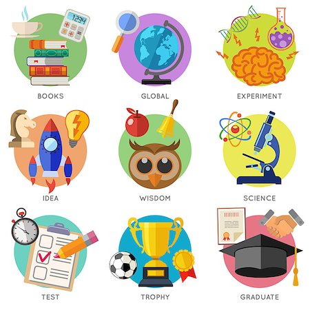 simsearch:400-08133385,k - Education Flat Icon Set for Flyer, Poster, Web Site Like mortarboard, books, brain and trophy Fotografie stock - Microstock e Abbonamento, Codice: 400-08138758