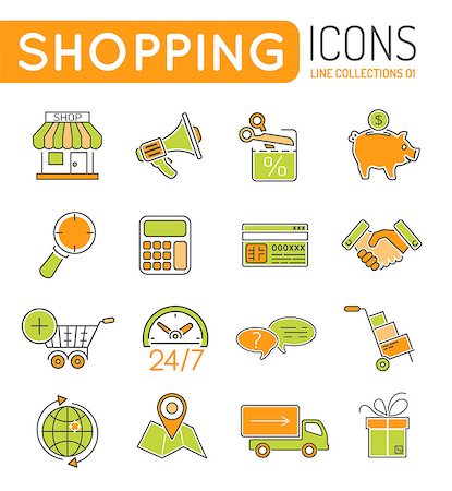 simsearch:400-08133411,k - Online Shopping Thin Lines Color Web Icon Set with Flat elements for Flyer, Poster, Web Site Like Shop, Delivery, Marketing, Support, Cart, Sale Foto de stock - Royalty-Free Super Valor e Assinatura, Número: 400-08138751