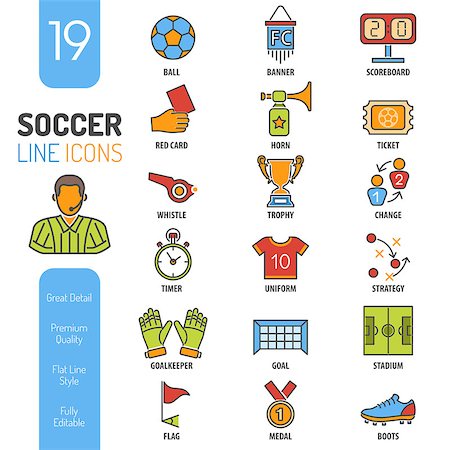 flat soccer ball - Soccer and Football Thin Lines Color Web Icon Set with Flat Elements for Flyer, Poster like Referee, Ball and Trophy. Stock Photo - Budget Royalty-Free & Subscription, Code: 400-08138765